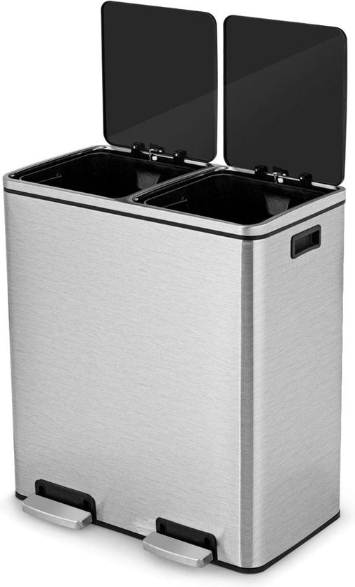 Coast Dubbele Prullenbak - 2x30L - Uitneembare Binnenemmer - RVS - 58.5 x 32 x 65 cm - Zilver