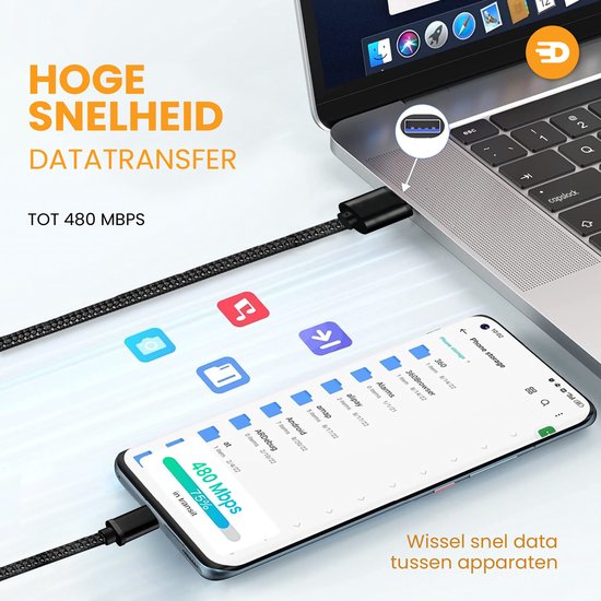 Drivv. USB naar USB C Kabel - Snellader - USB C Data en Oplaadkabel - 3 meter - Geschikt voor Samsung, iPhone 15 & Meer - Zwart