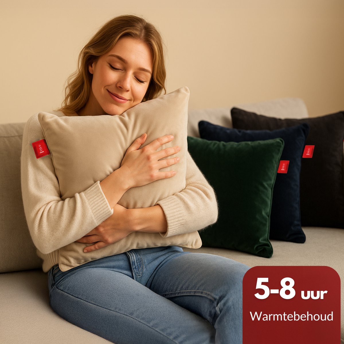 Coozie Oplaadbaar Warmtekussen 45x45 cm – Draadloos & Bedraad – 3 Warmtestanden (45–65°C) – Velvet Beige – Incl. 10.000 mAh Powerbank