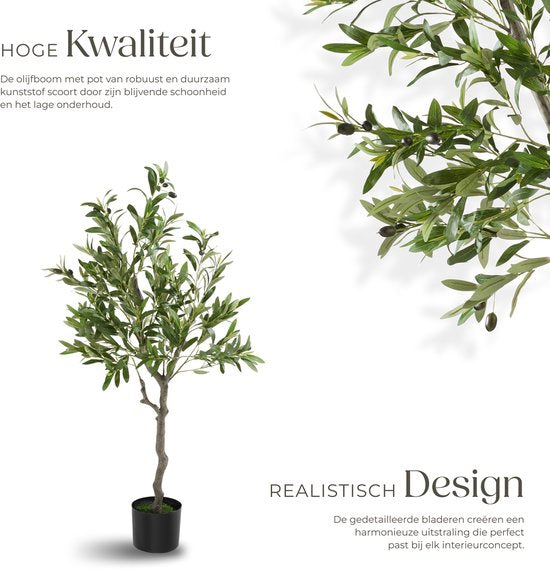 tectake® Kunstmatige Olijfboom Oleand – Mediterrane Kunstplant met Realistische Bladeren en Olijven – Onderhoudsvriendelijk en Veelzijdig – Inclusief Stevige Bloempot – Hoogte: 120 cm