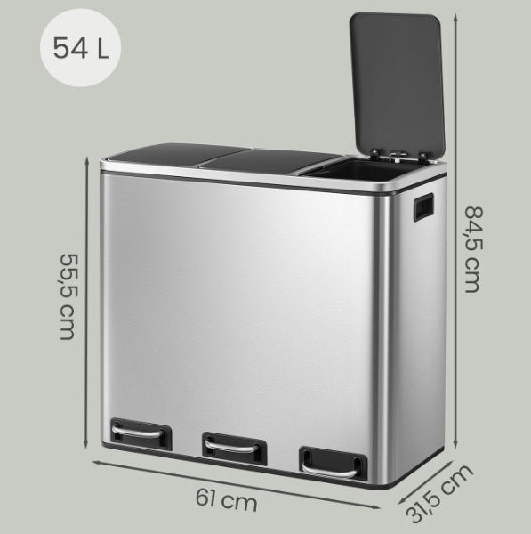 Joyfurnos Prullenbak 3 Compartimenten 3x18L - Zilver & Zwart - 61 x 31,5 x 55,5 cm