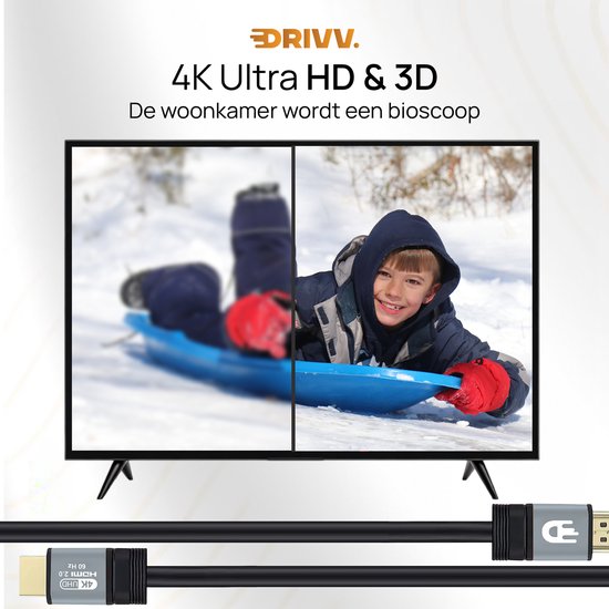 Drivv. Premium HDMI Kabel 2.0 - Ultra HD 4K 60Hz - HDMI naar HDMI - Geschikt voor gameconsoles - 10 meter - PVC - Grijs