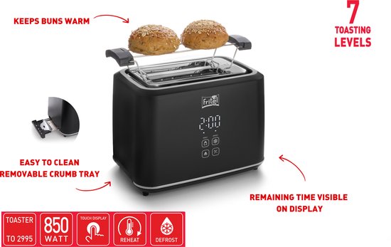 FRITEL Toaster TO 2995 - Stijlvolle Broodrooster - 2 Sleuven - 7 Toastniveaus - 850W - Touch Display - Mat Zwart - Uitneembare kruimellade + Broodjesopzet