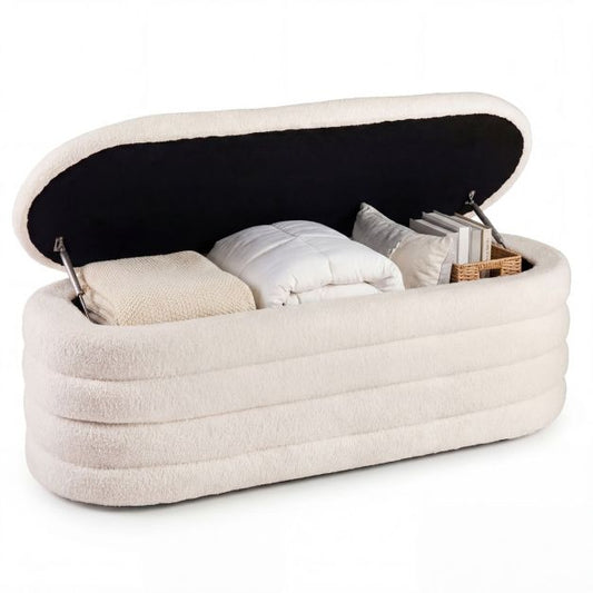 Coast Opbergbank 108,5L met Bouclé Bekleding – Gestoffeerde Zitbank met Gasveren & Opbergruimte – 300 kg – Wit – 123,5 cm