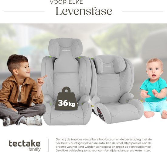tectake® Kinderautostoeltje i-Size Goedgekeurd - ISOFIX Autostoel tot 36 kg - Veiligheid en Comfort voor Kinderen- YB805A - lichtgrijs