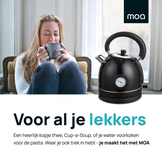 MOA Waterkoker Retro - 1,8 Liter - Elektrische Waterkoker - BPA-vrij - Anti Calcium Filter - RVS - 2200W- Zwart