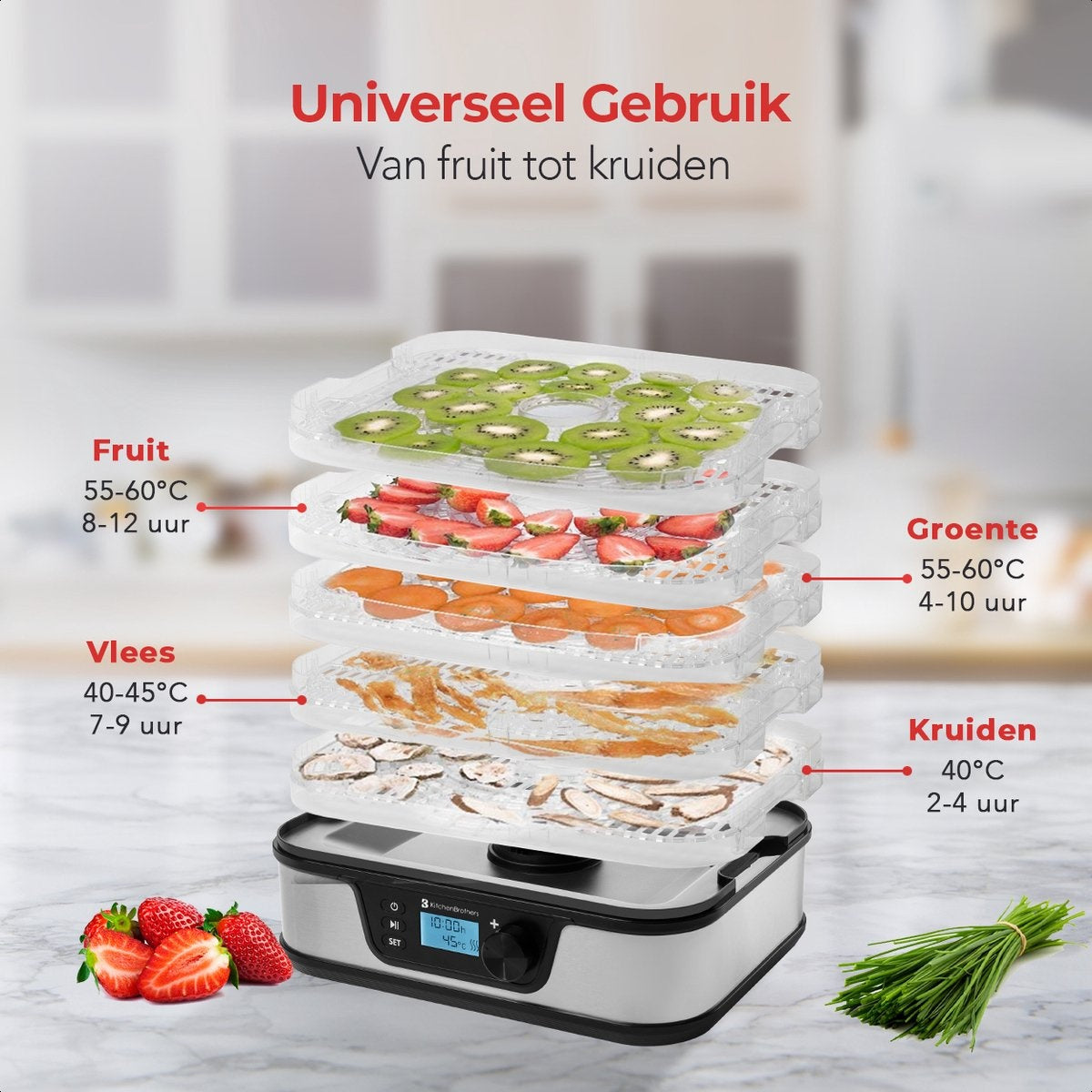KitchenBrothers Voedseldroger - Elektrisch 380W - 5 Laags - 9 Hitte-niveaus - 35°C tot 75°C - LCD Display - Timer - RVS/Zwart