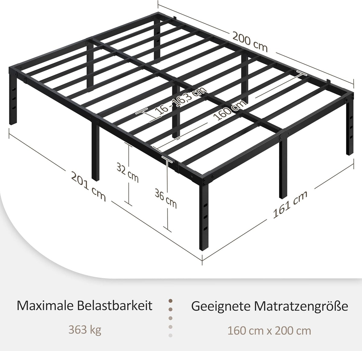 Yaheetech bedframe van metaal - Inclusief lattenbodem - 160 x 200 cm - Zwart