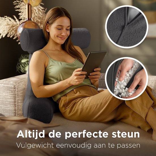 Cozysense® - Leeskussen - Leeskussen voor in Bed - Bookseat - Ergonomisch Zitkussen met Boucléstof - Boekkussen - Lees Kussen - Groot Formaat Steun voor Rug, Nek en Armen - Relax Kussen - Verstelbare Vulling - CertiPUR® - Afneembare Hoes - Grijs