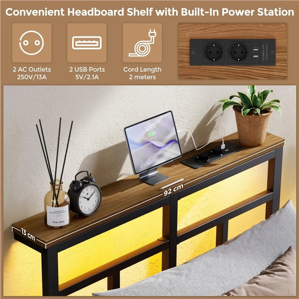 Yaheetech Metalen Bedframe met LED en Oplaadstation, 90x200 cm, Zwart
