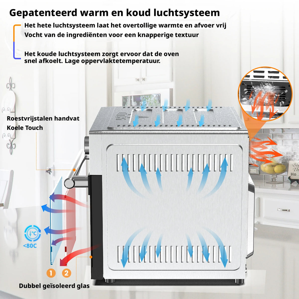 Oimis Airfryer Oven 30 Liter - 21 Programma's met Grillspit en Droogfunctie - 1800 W - 45,6 x 43 x 36,5 cm - RVS Zilver
