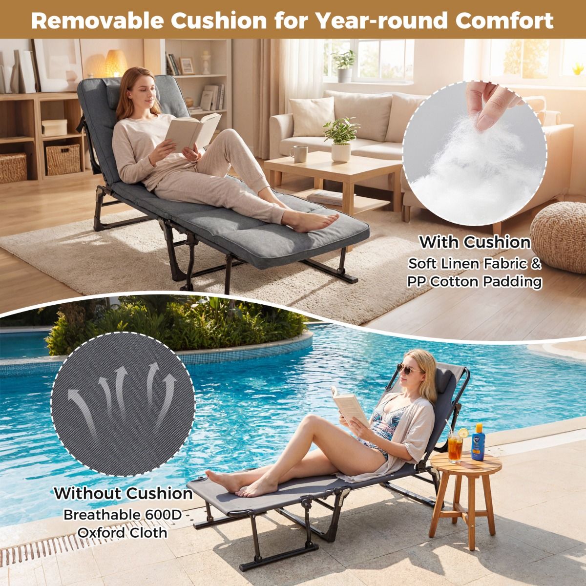 Coast Campingbed 3-in-1 Opvouwbaar Veldbed en Ligstoel - 6 standen - Grijs en Zwart