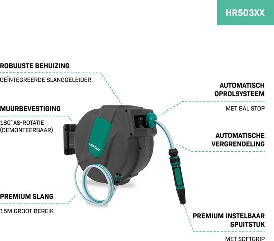 VONROC Wandslangenbox – Incl. 15m Slang, Spuitstuk & Oprolsysteem – Antraciet