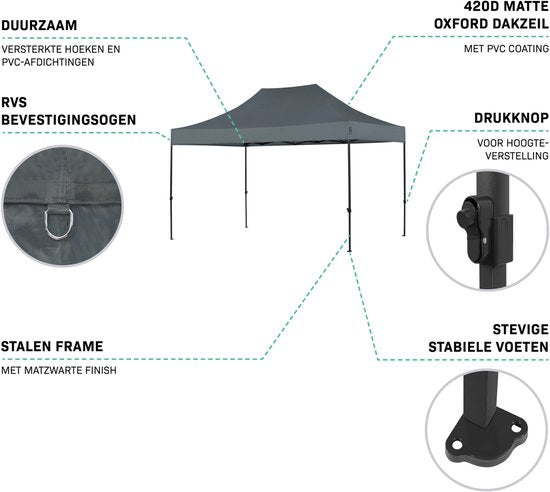 VONROC Partytent - 3x4.5 m – Premium easy-up Partytent – Modulair ontwerp - Opvouwbaar – Waterdicht – Stalen Frame - 50+ UV Bescherming - Incl. Opbergtas - Grijs