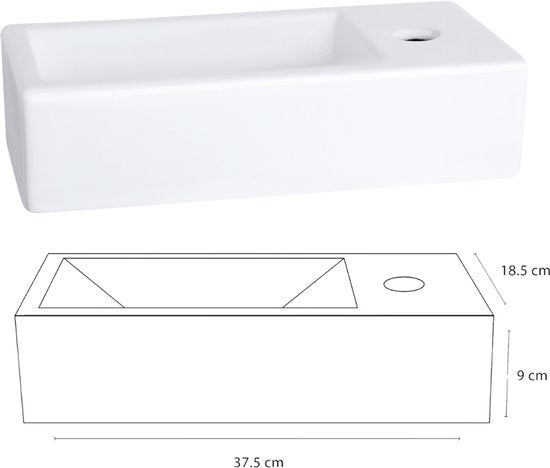 Differnz Helios Fonteinset – Wasbak Keramiek 37,5x18.5x9,5cm – Fonteinset Toilet met Fonteinkraan Rechts Mat Goud – Wastafel met Rechte Kraan en Standaard Greep – Voor Badkamer of WC