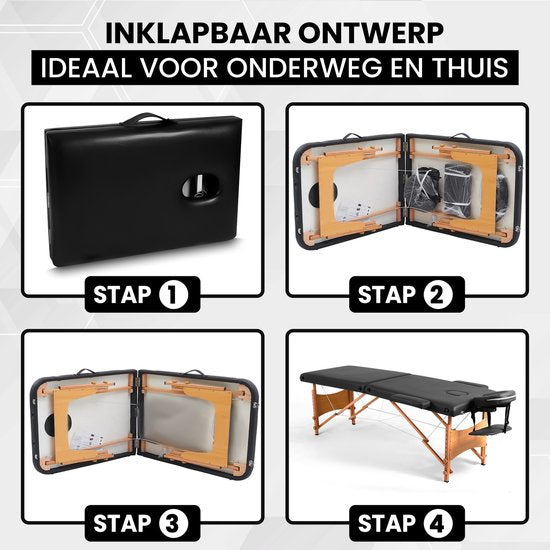 Fitby Massagetafel - Massagetafel Inklapbaar - Behandeltafel - Hoogte verstelbaar - 185x60cm- Zwart