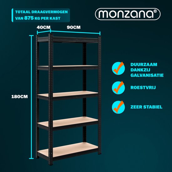 Monzana Opbergrek – 5 MDF-planken – Draagvermogen 875 kg – 180 x 90 x 40 cm – Zwart