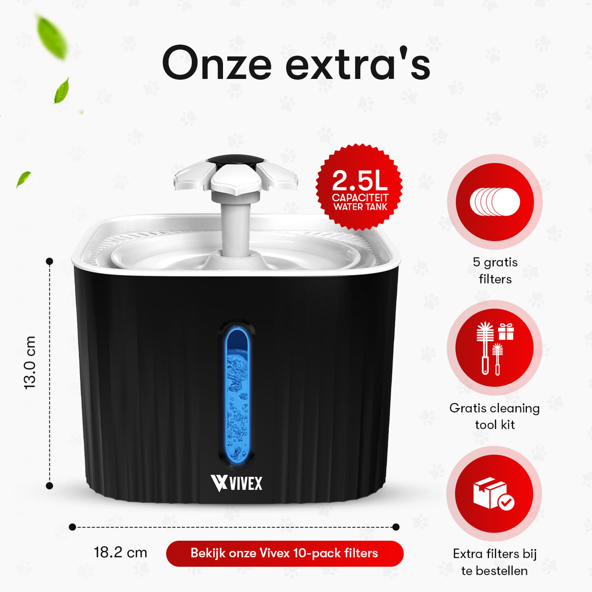 Vivex® Drinkfontein - Waterfontein voor Katten en Honden - Incl. 5 Filters en cleaning tool - Muisstil