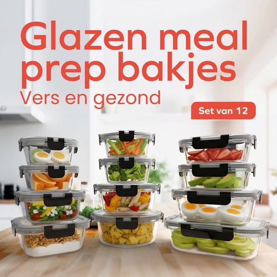 KitchenBrothers Meal Prep Bakjes Set - Glazen Vershoudbakjes - Luchtdicht - BPA-vrij - Diepvriesbakjes - Bewaarbakjes - 6,79L - Glas - 12 Stuks