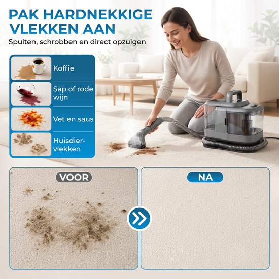 Powell Stoomreiniger - Tapijtreiniger - Vlekkenreiniger - Bank Reiniger - Meubelreiniger - Tapijtreiniger Stofzuiger - Reinigingsmachine - Tapijt Reiniger - 1800 Watt - Grijs