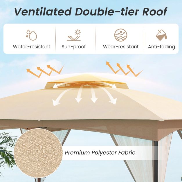 Coast Paviljoen Khaki – 3 x 3,6 m Tuinpaviljoen met Dubbel Dak, Gaaswanden en Zandzakken – 365 x 300 x 288 cm