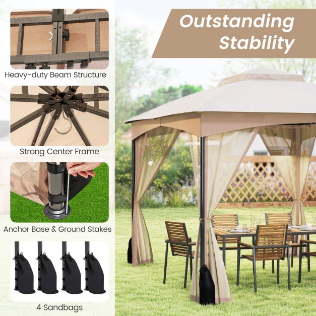 Coast Paviljoen Khaki – 3 x 3,6 m Tuinpaviljoen met Dubbel Dak, Gaaswanden en Zandzakken – 365 x 300 x 288 cm