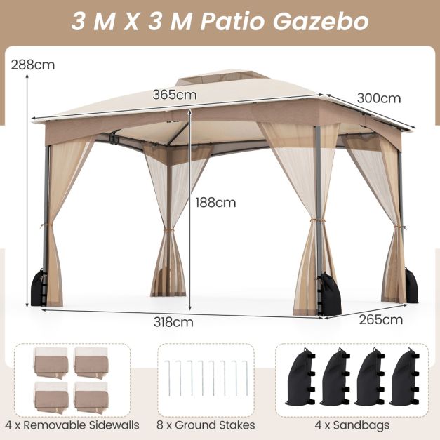 Coast Paviljoen Khaki – 3 x 3,6 m Tuinpaviljoen met Dubbel Dak, Gaaswanden en Zandzakken – 365 x 300 x 288 cm