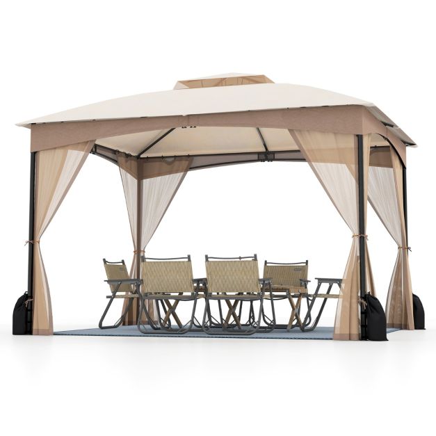 Coast Paviljoen Khaki – 3 x 3,6 m Tuinpaviljoen met Dubbel Dak, Gaaswanden en Zandzakken – 365 x 300 x 288 cm