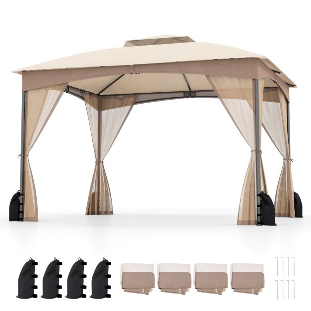 Coast Paviljoen Khaki – 3 x 3,6 m Tuinpaviljoen met Dubbel Dak, Gaaswanden en Zandzakken – 365 x 300 x 288 cm