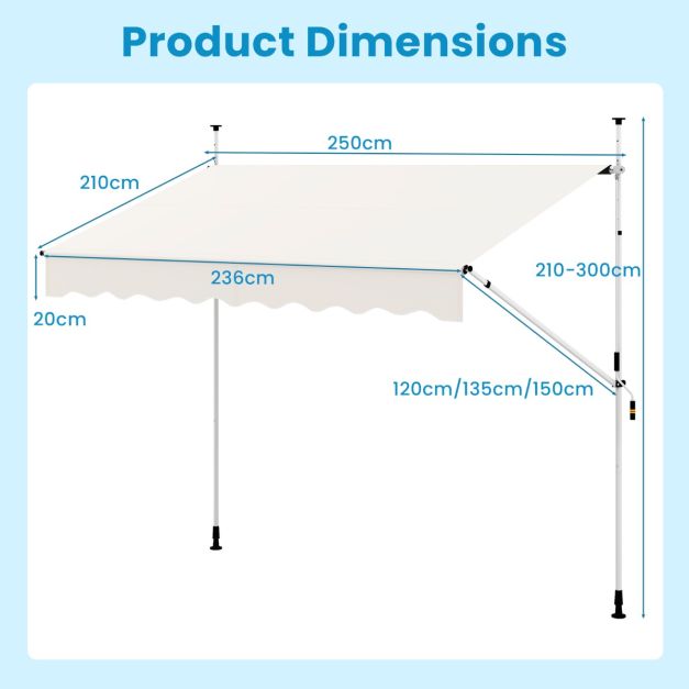 Coast Klemzonwering Wit – Balkonzonwering Zonder Boren met Handkurbel – 250 x 120/150 x 210-300 cm