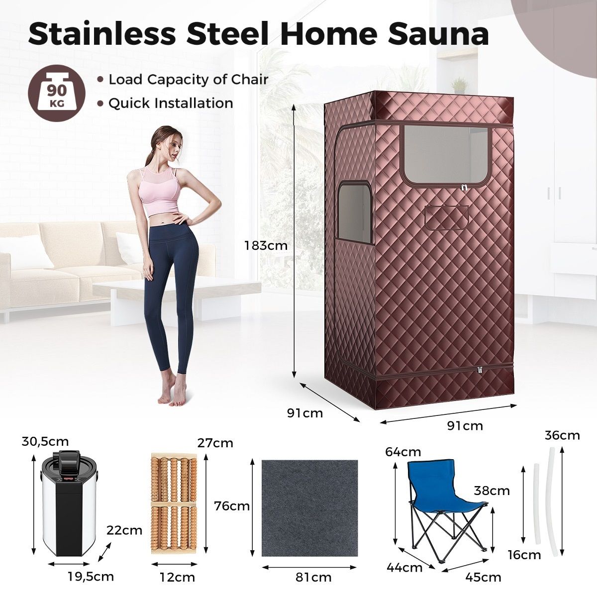 Coast Thuis Sauna Tent met 3L Stoomgenerator - Volledige Lichaamsstoomsauna - 91 x 91 x 183 cm - Koffie