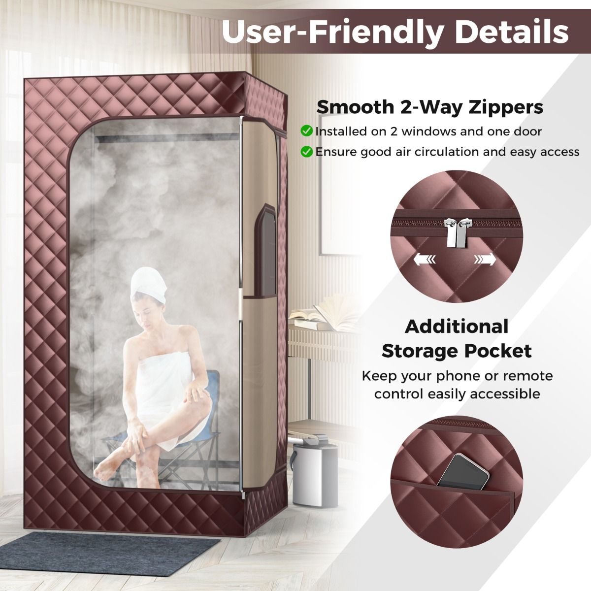 Coast Thuis Sauna Tent met 3L Stoomgenerator - Volledige Lichaamsstoomsauna - 91 x 91 x 183 cm - Koffie