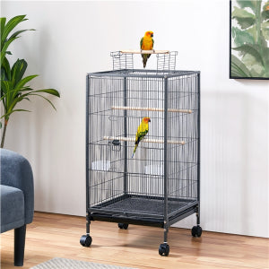 Yaheetech Vogelkooi Met Verrijdbaar Onderstel – Voorzien Van Uitschuifbare Lade En 4 Plastic Voerbakjes En 3 Houten Zitstokken – Voor Kleine Vogels En Parkieten – Gehamerd Zwart Metaal En Massief Hout – 45,5 x 45,5 x 100,5 cm
