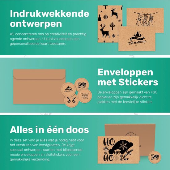 Giftmas Kerst Collectie – Wenskaarten & Kerstkaarten Set – 36 Groetenkaarten met 12 Designs – Inclusief Enveloppen en Stickers – Kraft Papier Kaartenset Voor Feestdagen - 20x15cm