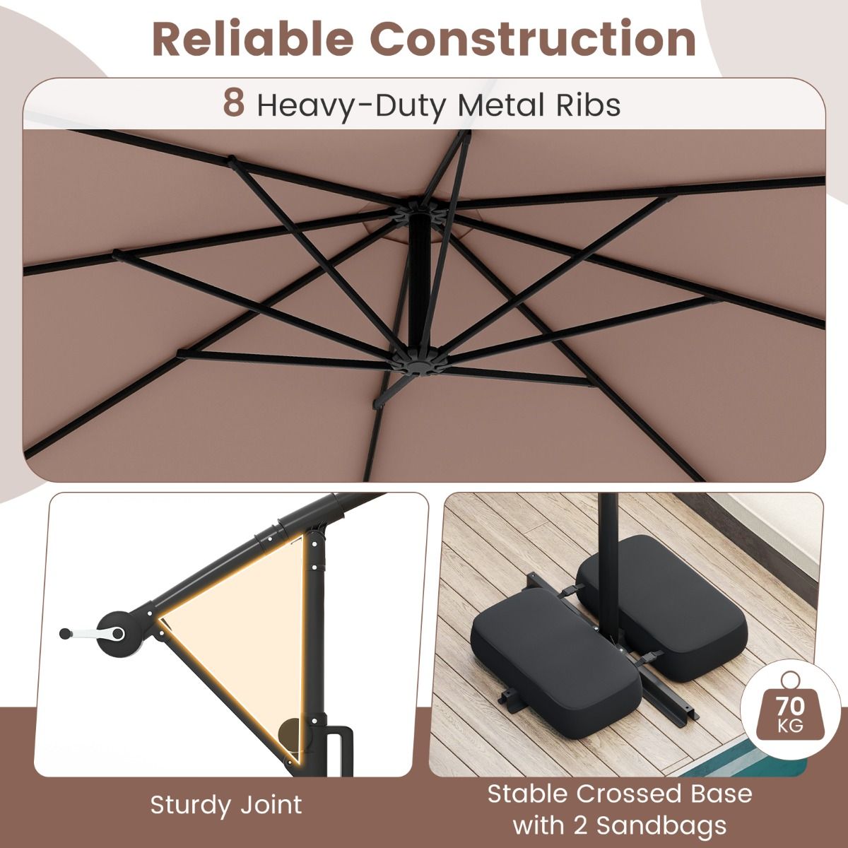 Coast Zweefparasol met LED-verlichting - 9 verlichtingsmodi - met zandzakken en slinger - bruin - 300 x 260 cm