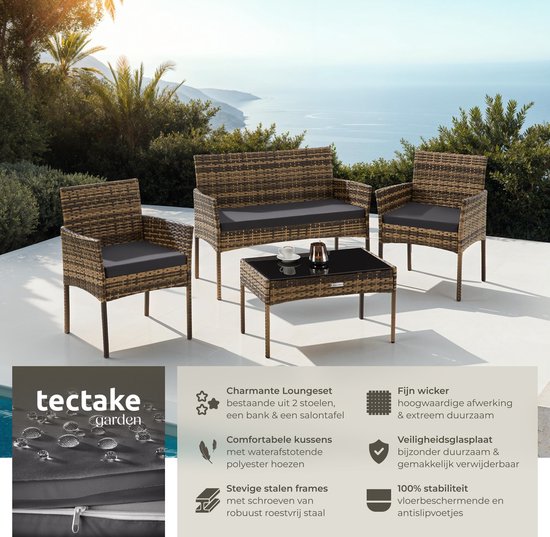 tectake® - Wicker tuinset Palese - Zitgroep voor 4 personen - Tuinmeubelset met loungebank, tuintafel en 2 tuinstoelen inclusief zitkussens - Tuinmeubelen - Waterafstotend - Grijs