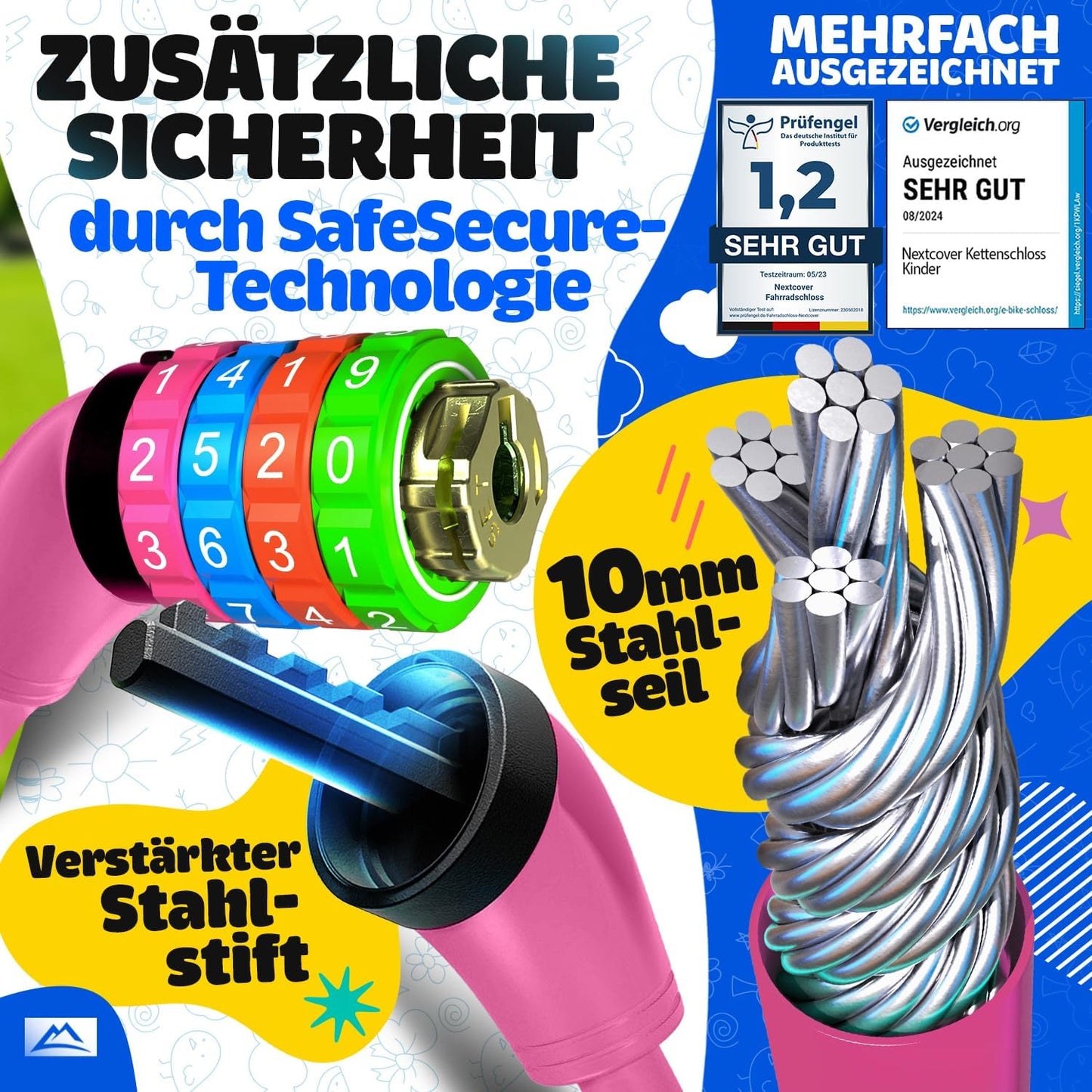 NEXTCOVER® Kinderfietsslot - 4-cijferige cijfercode - Combinatieslot fiets met kleurrijke cijfers - Scooterslot Extra robuust & veilig - Roze