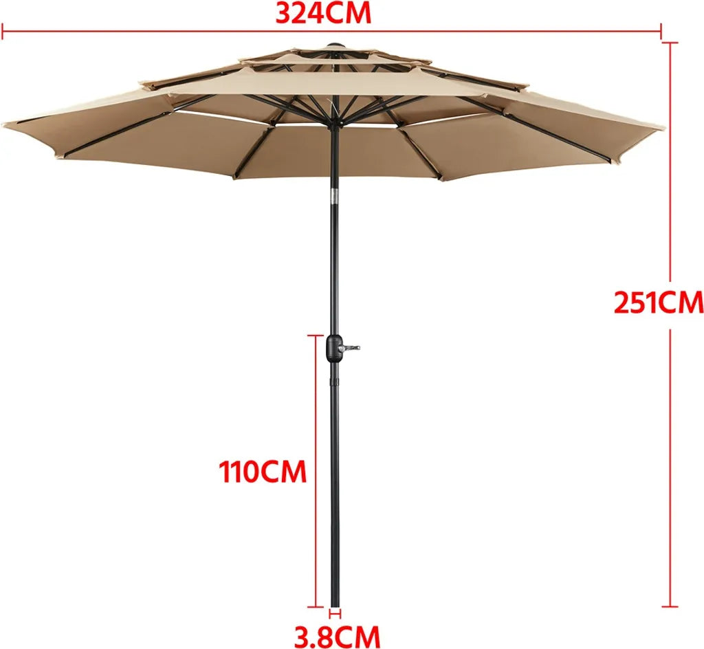 Yaheetech 3-laags Kantelbare Parasol Ø324 cm, Lichtbruin
