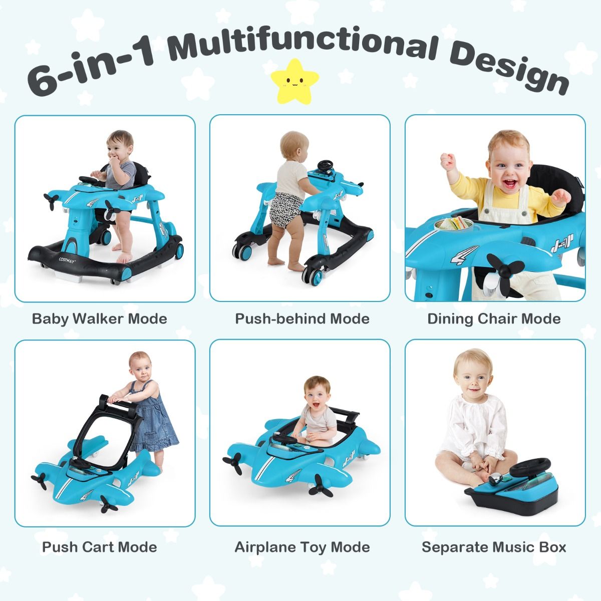 Coast Opvouwbare Babyloopstoel - 6-in-1 Vliegtuigontwerp - Verstelbare Hoogte - Blauw/Rood