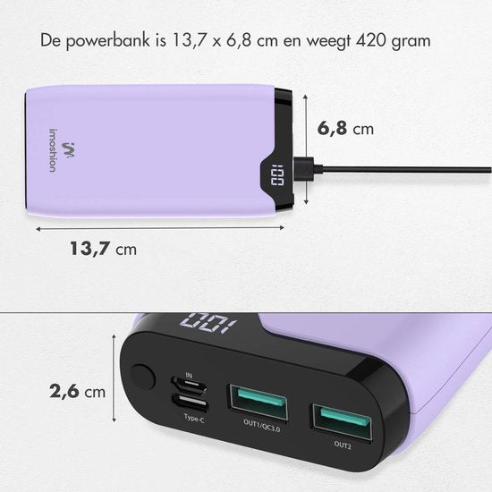 imoshion Powerbank 20000 mAh - Snellader 22.5W - LED indicator - USB C & USB A - Geschikt voor o.a. iPhone en Samsung - Universeel - Lila