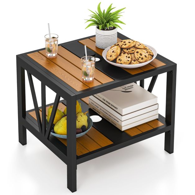Coast Bijzettafel - Parasolgat - 2 Niveaus - Metaal - Opbergrek - 52 x 46 x 45 cm - Zwart Naturel