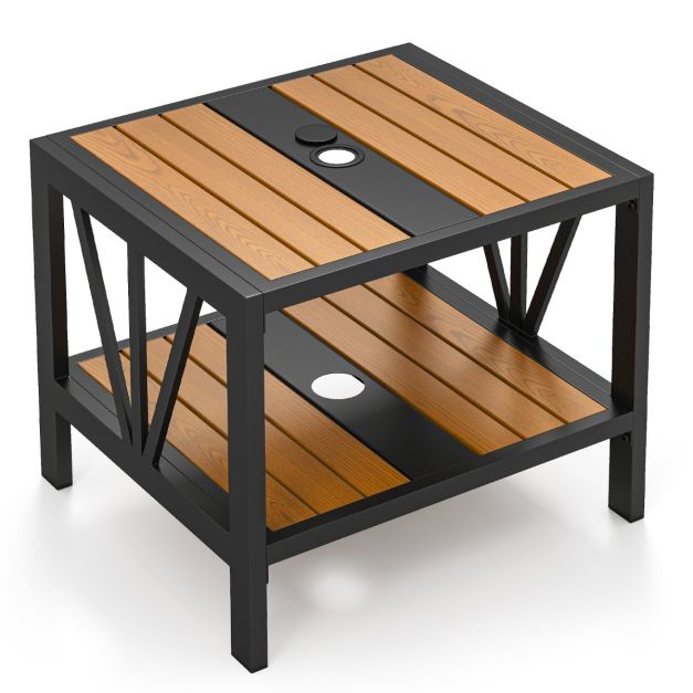 Coast Bijzettafel - Parasolgat - 2 Niveaus - Metaal - Opbergrek - 52 x 46 x 45 cm - Zwart Naturel