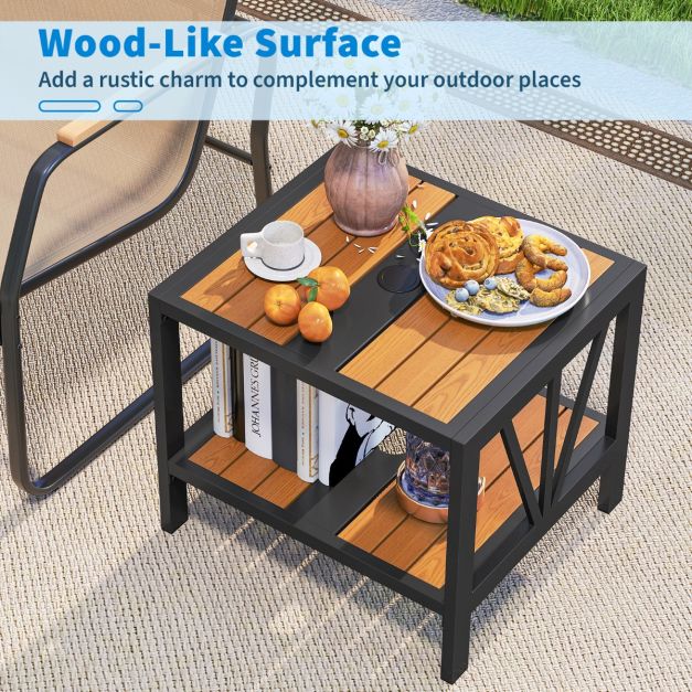 Coast Bijzettafel - Parasolgat - 2 Niveaus - Metaal - Opbergrek - 52 x 46 x 45 cm - Zwart Naturel