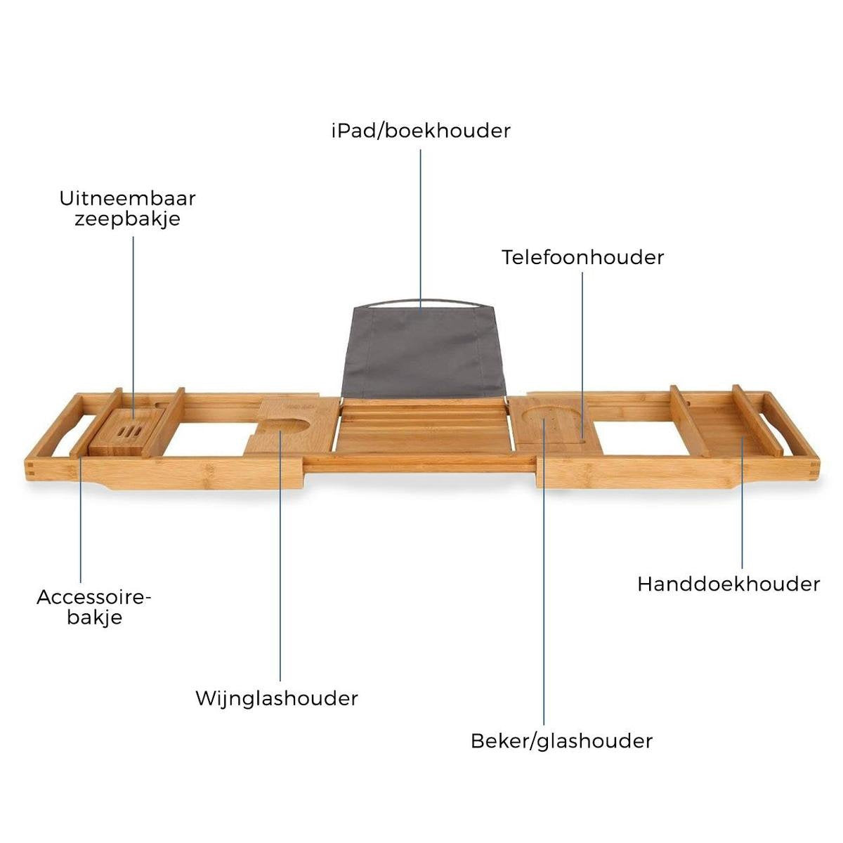 LifeGoods Badplank - Uitschuifbaar - voor in Bad - 74.5 tot 108.5 cm - met Houder - Hout