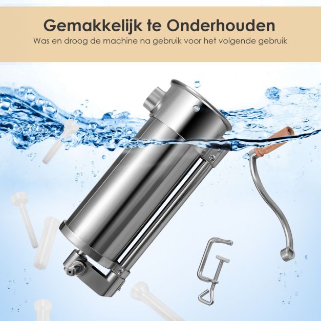 5 kg Manuele RVS Worstenvuller met Tafelklem en 6 Vulbuizen