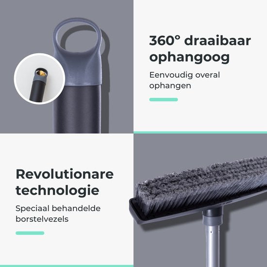 CLEANLY Bezem Binnen en Buiten met Telescopische Steel 115-142 cm - Borstel met Steel - Straatbezem - Kamerveger - Zaalveger - Zachte Bezem - Binnen Bezem - Breedte 35 cm - Zwart, Grijs