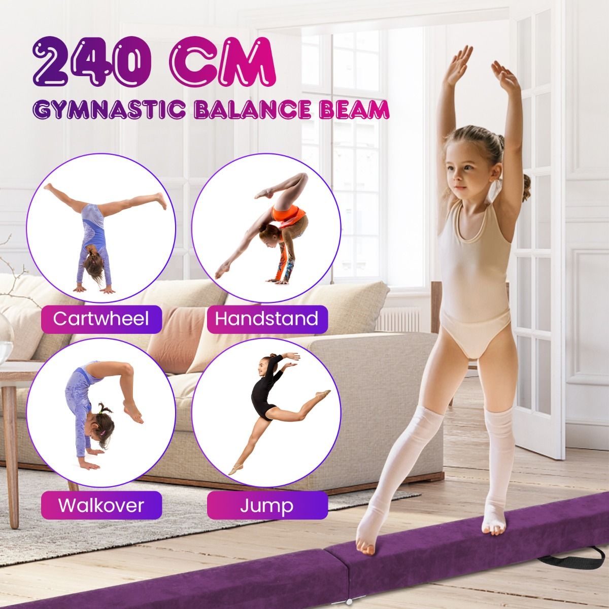 Coast 240 cm Opvouwbare Evenwichtsbalk voor Kinderen – Schuimrubberen Turnbalk met Massief Houten Basis en Antislip Onderzijde – Geschikt voor Thuis en Gymnastiek – Paars