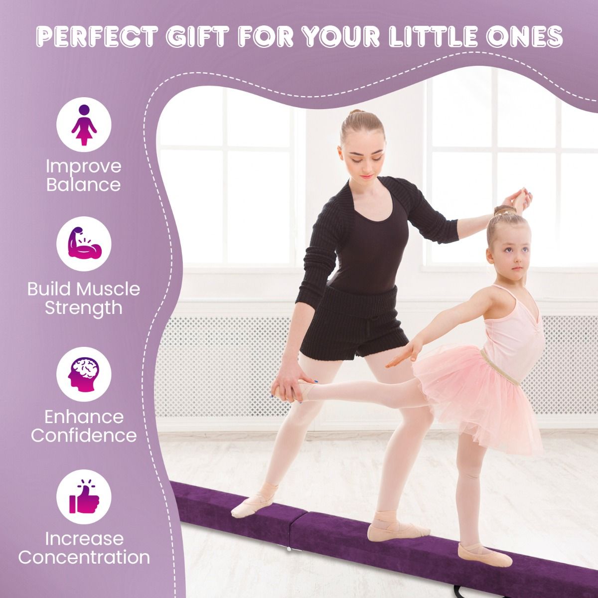 Coast 240 cm Opvouwbare Evenwichtsbalk voor Kinderen – Schuimrubberen Turnbalk met Massief Houten Basis en Antislip Onderzijde – Geschikt voor Thuis en Gymnastiek – Paars