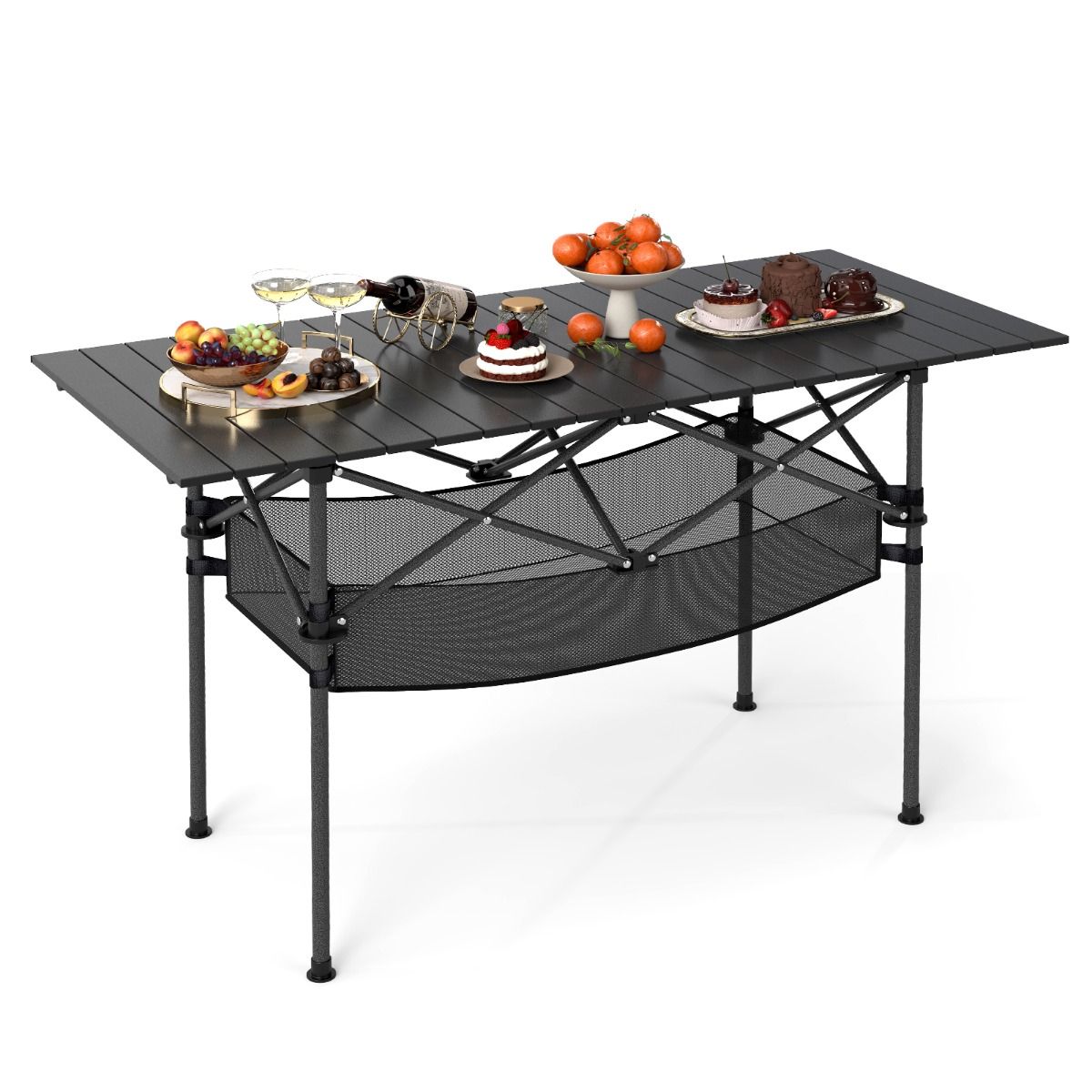 Coast Opvouwbare Campingtafel - Oprolbaar aluminium tafelblad - Met netmand - Zwart 119 x 56 cm