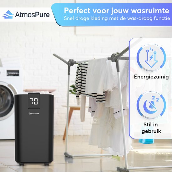 AtmosPure AirDry Elite Luchtontvochtiger - Ontvochtigt 12 Liter per Dag - Wasdroogfunctie - Zwart